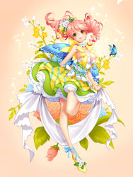 Rule 34 | 1girl, breasts, bug, butterfly, choker, cleavage, dress, drill hair, full body, highres, holding, insect, leg up, long hair, looking at viewer, original, osuk2, pink hair, solo, spring (season), yellow eyes