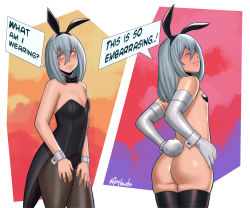 Rule 34 | 1other, animal ears, ass, black legwear, blush, clothes, elbow gloves, embarrassed, english text, closed eyes, fake animal ears, fake tail, gloves, highres, joylewds, leotard, looking at viewer, looking back, other focus, pantyhose, partially undressed, playboy bunny, rabbit ears, rabbit tail, rimuru tempest, silver hair, speech bubble, tail, tensei shitara slime datta ken, thighhighs, white gloves, yellow eyes