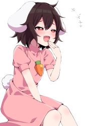 Rule 34 | 1girl, animal ears, blush, brown hair, carrot, commentary request, dress, fang, highres, inaba tewi, laughing, looking away, open mouth, pink dress, puffy short sleeves, puffy sleeves, rabbit ears, rabbit girl, rabbit tail, red eyes, short hair, short sleeves, simple background, smile, solo, tail, touhou, tsukimirin, white background