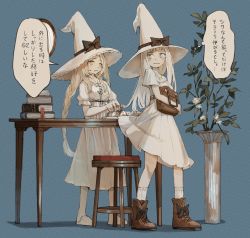 Rule 34 | 2girls, bag, belt, black bow, black ribbon, blonde hair, blue background, blunt bangs, book, book stack, boots, bow, braid, brown bag, brown belt, brown footwear, closed mouth, commentary request, cross-laced footwear, dress, flower, footwear bow, hat, hat bow, hat ribbon, highres, holding, holding bag, ironing, lace-up boots, long hair, looking at another, looking back, multiple girls, nakamura haco, original, plant, puffy short sleeves, puffy sleeves, ribbed legwear, ribbon, shadow, short sleeves, slippers, socks, speech bubble, standing, stool, table, thought bubble, translation request, very long hair, white dress, white footwear, white hair, white headwear, white legwear, witch hat, wooden stool, wooden table, yellow eyes