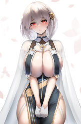 Rule 34 | 1girl, :&lt;, azur lane, bad id, bad pixiv id, bare hips, blue dress, blush, braid, breast curtains, breasts, cape, cleavage, closed mouth, collarbone, crying, crying with eyes open, dress, flower, garter straps, hair flower, hair ornament, head tilt, highres, large breasts, mingakk, own hands together, petals, revealing clothes, rose, short hair, silver hair, sirius (azur lane), sirius (azure horizons) (azur lane), skindentation, solo, tears, v arms, white cape, wide hips, yellow flower, yellow rose