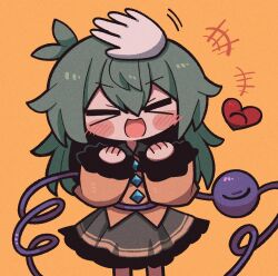 Rule 34 | &gt; &lt;, 1girl, blush, buttons, clenched hands, collar, collared shirt, diamond (shape), diamond button, disembodied limb, frilled shirt, frilled skirt, frilled sleeves, frills, gloves, green collar, green hair, green skirt, hair between eyes, hands up, happy, headpat, heart, komeiji koishi, long hair, long sleeves, open mouth, shirt, simple background, skirt, sleeves past wrists, smile, third eye, touhou, white gloves, yellow background, yellow shirt, zunusama