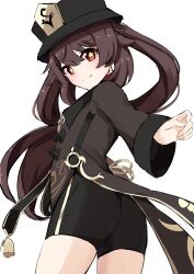 Rule 34 | 1girl, black hat, black jacket, black shorts, brown hair, closed mouth, cowboy shot, day mello, floating hair, genshin impact, hat, highres, hu tao (genshin impact), jacket, long hair, long sleeves, looking at viewer, short shorts, shorts, simple background, smile, solo, standing, symbol-shaped pupils, twintails, twisted torso, very long hair, white background