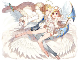 Rule 34 | 1boy, 1girl, angel, angel wings, babydoll, bare shoulders, barefoot, blonde hair, blue neckwear, blush, bow (weapon), coat, elbow gloves, feathered wings, frills, fur-trimmed coat, fur trim, gloves, hair between eyes, hair ornament, hairclip, halo, holding, holding bow (weapon), holding hands, holding wand, holding weapon, light blush, long hair, looking at viewer, monocle, multiple wings, open hand, open mouth, original, parted lips, red eyes, short hair, smile, usalxlusa, wand, weapon, white babydoll, white background, white gloves, wings