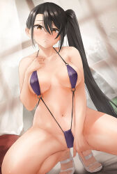 Rule 34 | 1girl, bare arms, bare legs, bare shoulders, barefoot, bikini, black hair, brown eyes, closed mouth, collarbone, commentary, groin, hair between eyes, highres, kantai collection, long hair, nachi (kancolle), navel, purple bikini, sandals, side ponytail, solo, squatting, swimsuit, toka (marchlizard)