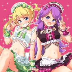 Rule 34 | 2girls, arm support, blonde hair, blue eyes, blush, character request, earrings, grin, highres, jewelry, kiratto pri chan, long hair, looking at viewer, moegi emo, multiple girls, navel, open mouth, parted lips, pink background, pretty series, purple hair, shido mel, sitting, smile, star (symbol), star earrings, summer maid coord, teeth, tokunou shoutarou, v