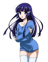 Rule 34 | 10s, 1girl, aoki reika, bare shoulders, blue eyes, blue hair, blue nails, blue thighhighs, blush, hair ornament, hairclip, long hair, looking at viewer, matching hair/eyes, nail polish, naked sweater, open mouth, precure, simple background, smile precure!, solo, sweater, thighhighs, wauwa, white background