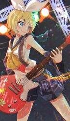 Rule 34 | 1girl, arched back, bare shoulders, beamed sixteenth notes, black sailor collar, black shorts, blonde hair, blue eyes, bow, breasts, character name, detached sleeves, dutch angle, electric guitar, emphasis lines, fingernails, guitar, hair bow, hair ornament, hairclip, heart sticker, highres, instrument, kagamine rin, light particles, long fingernails, mizui haruka, musical note, narrow waist, neckerchief, playing guitar, sailor collar, shirt, short hair, shorts, signature, sleeveless, sleeveless shirt, small breasts, smile, solo, stage, stage lights, sticker, treble clef, vocaloid, wavy mouth, yellow neckerchief