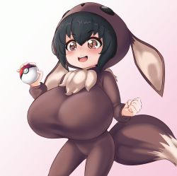 Rule 34 | 1girl, animal costume, animal ears, animal hood, black hair, blush, bodysuit, breasts, brown eyes, clenched hand, cosplay, creatures (company), crotch, curvy, eevee, eevee (cosplay), fake animal ears, fluffy, fox tail, game freak, gen 1 pokemon, gluteal fold, gradient background, groin, hair between eyes, highres, holding, hood, hood up, hooded, hoodie, huge breasts, impossible bodysuit, impossible clothes, large breasts, large tail, neck, nintendo, onesie, open mouth, oppai loli, pajamas, pldf, poke ball, poke ball (basic), poke kid (pokemon), pokemon, pokemon swsh, short hair, simple background, skin tight, skindentation, smile, solo, sparkling eyes, tail, taut clothes, thick thighs, thighs, tight clothes, unusual pupils, white background, wide-eyed, wide hips