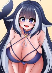 Rule 34 | 1girl, absurdres, ahoge, bikini, blue hair, blush, body markings, breasts, cetacean tail, cleavage, fins, fish tail, gradient background, highres, huge breasts, indie virtual youtuber, long hair, multicolored hair, open mouth, orca girl, purple eyes, shylily, simple background, smile, solo, swimsuit, tail, the only shoe, virtual youtuber, white hair