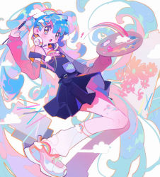 Rule 34 | 1girl, aqua eyes, aqua hair, arm warmers, blush, cloud, detached sleeves, flower, hatsune miku, headphones, highres, holding, holding palette, long hair, long sleeves, looking at viewer, loose socks, open mouth, overalls, palette (object), pocket, rainbow, renzhi00334233, shoes, skirt, sneakers, socks, solo, twintails, very long hair, vocaloid