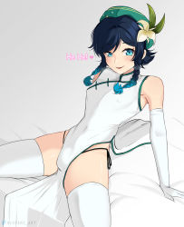 Rule 34 | 1boy, arm support, blue eyes, blue hair, blush, braid, bulge, china dress, chinese clothes, covered erect nipples, crossdressing, dress, elbow gloves, genshin impact, gloves, hat, highres, hioyami, long hair, male focus, multicolored hair, pelvic curtain, side slit, solo, spread legs, thighhighs, trap, twin braids, venti (genshin impact), white gloves, white thighhighs