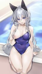 Rule 34 | 1girl, animal ears, bare arms, bare shoulders, blue eyes, blue one-piece swimsuit, blush, breasts, cleavage, collarbone, commentary request, covered navel, grey hair, hair between eyes, highres, kneeling, large breasts, long hair, looking at viewer, nipples, one-piece swimsuit, original, parted lips, pool, smile, solo, swimsuit, tail, thighs, water, wet, yukibuster z
