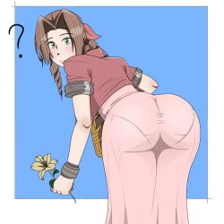 Rule 34 | 1girl, ?, aerith gainsborough, ass, bent over, blush, braid, brown hair, dress, easyacrobat, final fantasy, final fantasy vii, flower, from behind, green eyes, highres, leaning, leaning forward, long hair, looking at viewer, pantylines, single braid, solo