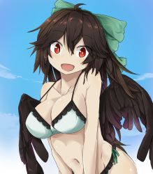 Rule 34 | 1girl, :d, bad id, bad twitter id, bare arms, bare shoulders, bikini, bikini day, black wings, blue sky, breasts, bright pupils, brown hair, cleavage, cloud, collarbone, commentary request, day, feathered wings, green bikini, groin, hair between eyes, head tilt, highres, large breasts, long hair, looking at viewer, navel, open mouth, outdoors, red eyes, reiuji utsuho, sky, smile, solo, stomach, swimsuit, touhou, tyouseki, upper body, wings