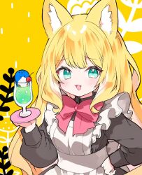 Rule 34 | 1girl, animal ear fluff, animal ears, apron, bird, black shirt, blonde hair, bow, cherry, colored inner hair, cup, drinking glass, fang, food, fox ears, fox girl, fruit, fuwafuwa-chan (kamiyoshi rika), green eyes, hand on own hip, holding, holding tray, kamiyoshi rika, light blush, long hair, long sleeves, looking at viewer, maid, maid apron, multicolored hair, open mouth, original, penguin, red bow, shirt, smile, soda, solo, tray, upper body, very long hair, wavy hair, yellow background
