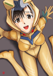 Rule 34 | 1girl, arm support, artist request, bodysuit, breasts, brown hair, evangelion: 3.0+1.0 thrice upon a time, helmet, highres, ibuki maya, looking at viewer, looking back, looking up, medium breasts, neon genesis evangelion, open mouth, plugsuit, rebuild of evangelion, serious, shiny clothes, short hair, simple background, sitting, smile, solo, yellow bodysuit