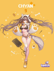 Rule 34 | 1girl, absurdres, bikini, bikini under clothes, black bikini, breasts, brown hair, chyan, chyan 9, cleavage, cropped jacket, full body, hair ornament, highres, hood, hoodie, large breasts, long hair, midriff, navel, open mouth, original, shoes, short shorts, shorts, simple background, single thighhigh, sneakers, solo, standing, standing on one leg, star (symbol), swimsuit, thighhighs, twintails, twitch.tv, very long hair, white thighhighs, yellow background, yellow eyes