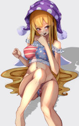 Rule 34 | 1girl, aged up, alternate breast size, american flag, american flag panties, blonde hair, breasts, clownpiece, flag print, hat, heart, heart-shaped pupils, highres, jester cap, large breasts, lingerie, long hair, looking at viewer, navel, open mouth, panties, polka dot, polka dot headwear, purple hat, red eyes, see-through, simple background, solo, symbol-shaped pupils, textless version, touhou, underwear, very long hair, white background, yukito (dreamrider)