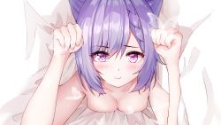 Rule 34 | 1girl, absurdres, bed, bed sheet, blush, braid, breasts, bug, butterfly, double bun, genshin impact, hair bun, highres, insect, keqing (genshin impact), looking at viewer, lying, medium breasts, nude, on bed, on stomach, purple eyes, purple hair, re xiangbin