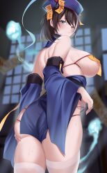 Rule 34 | 1girl, absurdres, areola slip, ass, azur lane, back, bare shoulders, blue dress, blue hat, blush, breasts, brown hair, detached collar, detached sleeves, dress, grey eyes, hat, highres, hwah jah (azur lane), hwah jah (the festive undead) (azur lane), jiangshi, large breasts, looking at viewer, looking back, ofuda, oxygen mask (oxygenmask233), qingdai guanmao, revealing clothes, short hair, sideboob, solo, sweat, thighhighs, thighs, white thighhighs, wide sleeves