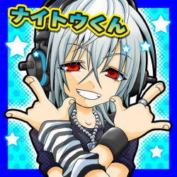 Rule 34 | 1boy, asymmetrical gloves, character name, chibi, dog tags, double m/, gloves, grey hair, grin, headphones, jewelry, looking at viewer, m/, m@koto, male focus, mascot, mismatched gloves, naitou-kun, nitro+ chiral, nitroplus, red eyes, ring, short hair, smile, solo, star (symbol), white hair