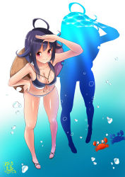 Rule 34 | 10s, 1girl, 2017, bikini, breasts, cleavage, crab, dated, hair flaps, hat, highres, kantai collection, leaning forward, logo, looking at viewer, low twintails, miokikoeru, purple hair, red eyes, sandals, silhouette, solo, sun hat, swimsuit, taigei (kancolle), twintails