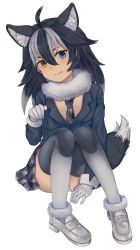 Rule 34 | 10s, 1girl, absurdres, ahoge, ancolatte (onikuanco), animal ears, black hair, blue eyes, commentary, extra ears, fang, fang out, full body, fur collar, fur trim, gloves, grey thighhighs, grey wolf (kemono friends), hair between eyes, head tilt, heterochromia, highres, kemono friends, light smile, long hair, long sleeves, looking at viewer, multicolored clothes, multicolored hair, multicolored legwear, necktie, panties, pantyshot, plaid, plaid necktie, plaid neckwear, plaid skirt, shoes, simple background, skirt, solo, streaked hair, symbol-only commentary, tail, thighhighs, two-tone hair, underwear, white background, white gloves, white hair, white panties, wolf ears, wolf tail, yellow eyes