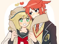 Rule 34 | 1boy, 1girl, blonde hair, blue eyes, couple, formal, green eyes, heart, hetero, highres, mo 623 mo, necktie, original, re:quiem reincarnation, red hair, red ribbon, ribbon, scarf, school uniform, shared clothes, shared scarf, simple background, smile, suit, uniform