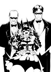 Rule 34 | 1girl, 2boys, :d, absurdres, alfred pennyworth, animal print, bald, bat-ojousaman, bat print, batman (series), belt, blazer, borrowed character, bow, bowtie, bracer, breasts, closed mouth, commentary, dc comics, dick grayson, domino mask, dress, dress shirt, facial hair, fingerless gloves, formal, gloves, greyscale, hand on own hip, highres, jacket, lace-up top, large breasts, long hair, long sleeves, looking at viewer, mask, medium dress, monochrome, multiple boys, mustache, ojou-sama pose, open mouth, pants, ringlets, shinkuukan (tetsuo3), shirt, short hair, smile, smirk, standing, tuxedo, utility belt, vest, wing collar