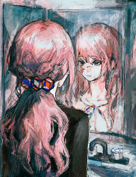 Rule 34 | 1girl, bathroom, black shirt, blue eyes, commentary, different reflection, english commentary, expressionless, highres, long hair, looking at mirror, low ponytail, mirror, neck ribbon, original, orniflop, pink hair, ponytail, red ribbon, reflection, ribbon, scar, scar on face, shirt, sink, solo, upper body, white shirt