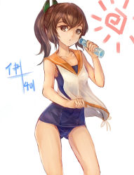 Rule 34 | 10s, 1girl, brown eyes, brown hair, character name, clenched hand, collarbone, contrapposto, cowboy shot, gluteal fold, highres, holding, i-401 (kancolle), kami amane kurohime, kantai collection, one-piece swimsuit, ponytail, school swimsuit, school uniform, serafuku, shinshuu kokki, shirt, simple background, sleeveless, sleeveless shirt, solo, standing, swimsuit, swimsuit under clothes, white background