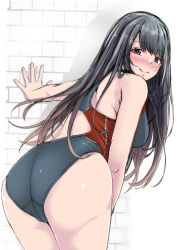 Rule 34 | 1girl, absurdres, aga marino, alternate costume, ass, ass focus, black hair, blush, breasts, closed mouth, competition swimsuit, fusou (kancolle), hair between eyes, hair ornament, highres, kantai collection, large breasts, long hair, looking at viewer, one-piece swimsuit, red eyes, smile, solo, swimsuit
