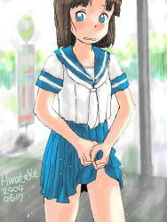 Rule 34 | 00s, 1girl, 2004, aliasing, artist name, awatake takahiro, blue eyes, blush, brown hair, dated, embarrassed, outdoors, parted bangs, short hair, skirt, solo, wet, wet clothes, wringing clothes