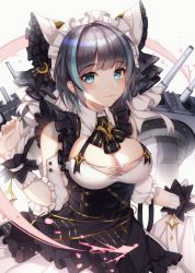 Rule 34 | 1girl, :3, aqua eyes, azur lane, black hair, blush, breasts, cannon, cheshire (azur lane), cleavage, detached sleeves, dress, frills, hairband, hand up, highres, kiyochii, large breasts, looking at viewer, maid headdress, multicolored hair, nail polish, puffy sleeves, ribbon, rigging, smile, solo, streaked hair, wrist cuffs