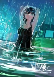 Rule 34 | 1girl, absurdres, armpits, black hair, character request, city, copyright request, female focus, highres, kaamin (mariarose753), partially submerged, rain, shiny skin, solo, water, wet