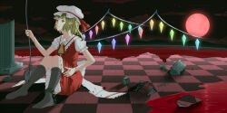 Rule 34 | 1girl, ankle cuffs, ascot, black socks, blood, blood on arm, blood on clothes, chain, checkered floor, closed mouth, collared shirt, flandre scarlet, frilled shirt collar, frilled skirt, frilled sleeves, frills, full body, full moon, glowing, glowing wings, hand on own thigh, hat, holding, holding polearm, holding weapon, laevatein (touhou), mob cap, moon, multicolored wings, no shoes, omochi (youmu46), outdoors, pointy ears, polearm, puffy short sleeves, puffy sleeves, red eyes, red moon, red skirt, red vest, shirt, short sleeves, skirt, socks, solo, touhou, vest, weapon, white hat, white shirt, wings, yellow ascot