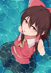 Rule 34 | 1girl, ascot, bad perspective, bow, breasts, brown hair, caustics, from above, hair between eyes, hair bow, hair tubes, hakurei reimu, long hair, looking at viewer, looking up, marsen, navel, partially submerged, perspective, red bow, red eyes, ripples, skirt, solo, touhou, wading, water