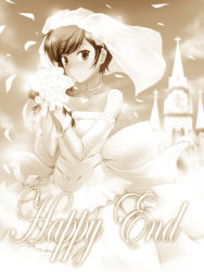 Rule 34 | 1girl, :o, bare shoulders, blush, bouquet, collarbone, dha, dress, elbow gloves, flower, gloves, hair ornament, heart, heart necklace, highres, holding, kami nomi zo shiru sekai, kosaka chihiro, looking at viewer, monochrome, necklace, petals, sepia, short hair, solo, veil, wedding dress