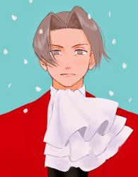 Rule 34 | 1boy, ace attorney, ascot, blue background, expressionless, formal, grey eyes, grey hair, highres, male focus, miles edgeworth, parted bangs, petals, red suit, renshu usodayo, solo, suit