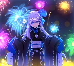 Rule 34 | 1girl, blue eyes, blue ribbon, blush, fate/extra, fate/extra ccc, fate (series), fireworks, hair ribbon, japanese clothes, kimono, long hair, looking at viewer, meltryllis (fate), purple hair, ribbon, sash, sleeves past wrists, smile, solo, tenk, very long hair