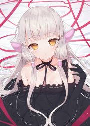 Rule 34 | 1girl, bare shoulders, bed sheet, black choker, black dress, breasts, brown eyes, chii, chobits, choker, clamp (style), commentary request, dress, elbow gloves, frilled dress, frills, gloves, grey hair, hand up, highres, long hair, looking at viewer, parted lips, ribbon choker, robot ears, sleeveless, sleeveless dress, small breasts, solo, strap slip, tsukiman, very long hair, white gloves