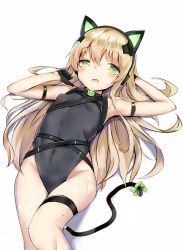 Rule 34 | 1girl, absurdres, animal ear headphones, animal ears, arm strap, armpits, black gloves, black leotard, blonde hair, blush, bow, breasts, cat ear headphones, cat ears, cat tail, character name, covered navel, fake animal ears, girls&#039; frontline, gloves, green eyes, groin, hair between eyes, half gloves, has bad revision, has downscaled revision, headphones, highleg, highleg leotard, highres, kure (kure ng), leotard, long hair, looking at viewer, lying, md5 mismatch, neon trim, on back, open mouth, resolution mismatch, sidelocks, simple background, skindentation, small breasts, solo, source smaller, strap, sweat, tail, tail bow, tail ornament, thigh strap, tmp (girls&#039; frontline), very long hair, white background