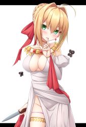 Rule 34 | 10s, 1girl, ahoge, black background, blonde hair, blush, bow, braid, breasts, cleavage, collarbone, commentary request, detached sleeves, dress, earrings, fate/extra, fate (series), finger to mouth, fingernails, green eyes, groin, hair between eyes, hair bow, hair bun, hair intakes, head tilt, highres, holding, holding knife, jewelry, juliet sleeves, knife, long sleeves, medium breasts, nail polish, nero claudius (fate), nero claudius (fate) (all), nero claudius (fate/extra), nero claudius (formal dress) (fate), official alternate costume, panties, panty pull, parted lips, puffy sleeves, purple panties, red bow, red nails, shushing, sidelocks, single hair bun, solo, two-tone background, underwear, white background, white dress, yoye (pastel white)