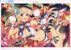 Rule 34 | 1girl, absurdres, bare shoulders, blonde hair, breasts, cleavage, dual wielding, food, green eyes, high heels, highres, holding, holding food, large breasts, long hair, looking at viewer, midriff, navel, official art, open mouth, page number, scan, senran kagura, senran kagura new link, shiny skin, simple background, smile, solo, stomach, thigh strap, thighs, yaegashi nan