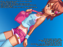 Rule 34 | 1girl, bingo tarte, blue background, breasts, brown eyes, brown hair, dutch angle, english text, flat chest, looking at viewer, midriff, one-piece tan, short hair, short shorts, shorts, simple background, small breasts, solo, tagme, tan, tanline, tapioca milk - addiction of the shower room, text focus, thighhighs, zettai ryouiki