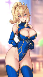 Rule 34 | 1girl, absurdres, adjusting clothes, artoria pendragon (fate), artoria pendragon (lancer) (fate), artoria pendragon (lancer) (fate) (cosplay), blonde hair, blue eyes, blue gloves, blue thighhighs, blush, breasts, cleavage, cosplay, covered collarbone, covered navel, crown, elbow gloves, fate/grand order, fate (series), genshin impact, gloves, heattech leotard, highres, hioyami, jean (genshin impact), large breasts, long hair, looking at viewer, thick thighs, thighhighs, thighs, turtleneck