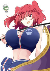 2girls, alternate costume, bangs, blue skirt, breasts, cheerleader, cleavage, deetamu, eyebrows visible through hair, green hair, hair between eyes, hair bobbles, hair ornament, highres, holding, holding scythe, large breasts, looking at viewer, medium hair, multiple girls, navel, one eye closed, onozuka komachi, open mouth, red eyes, red hair, rod of remorse, scythe, shiki eiki, short hair, simple background, skirt, skull, smile, sports bra, tail, tank top, touhou, touhou lost word, two side up, upper body, white background