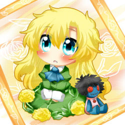 Rule 34 | 1girl, ascot, bad id, bad pixiv id, blonde hair, blue eyes, blush, chibi, doll, dress, flower, green dress, ib (kouri), long hair, lowres, mary (ib), open mouth, rebecca (keinelove), rose, sitting, solo, stuffed toy, v arms, yellow flower, yellow rose