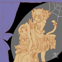 Rule 34 | 2girls, bare shoulders, chair, dated, dress, flower, fluora, gloves, hair flower, hair ornament, halloween, kid icarus, kid icarus uprising, long hair, looking at another, lowres, midriff, multiple girls, nintendo, open mouth, phosphora, ponytail, silk, sitting, smile, spider web, standing, v-shaped eyebrows, viridi
